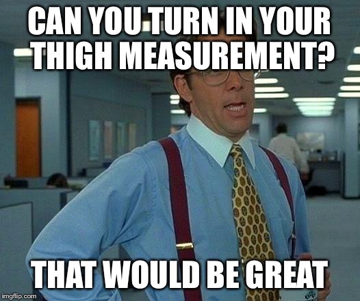 That Would Be Great | CAN YOU TURN IN YOUR THIGH MEASUREMENT? THAT WOULD BE GREAT | image tagged in memes,that would be great | made w/ Imgflip meme maker