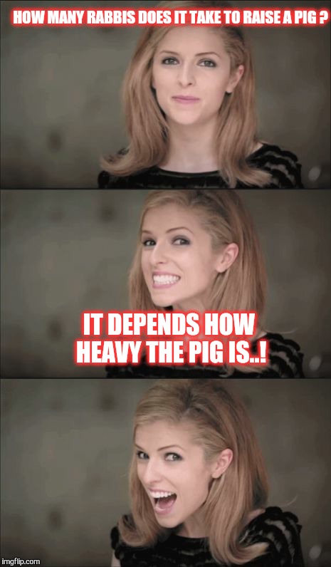 Caution.  UNKOSHER HUMOUR.   | HOW MANY RABBIS DOES IT TAKE TO RAISE A PIG ? IT DEPENDS HOW HEAVY THE PIG IS..! | image tagged in memes,bad pun anna kendrick,pig,pigs,hillary clinton,trump 2016 | made w/ Imgflip meme maker