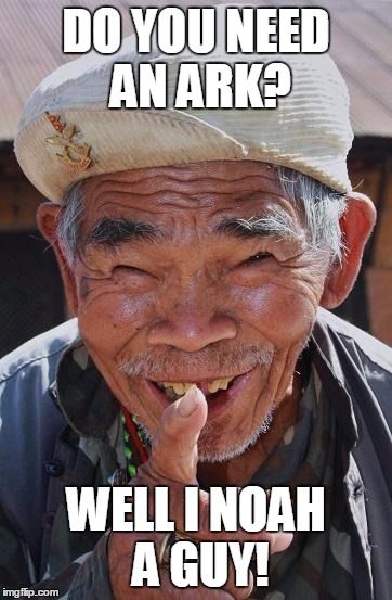 Funny old Chinese man 1 | DO YOU NEED AN ARK? WELL I NOAH A GUY! | image tagged in funny old chinese man 1 | made w/ Imgflip meme maker