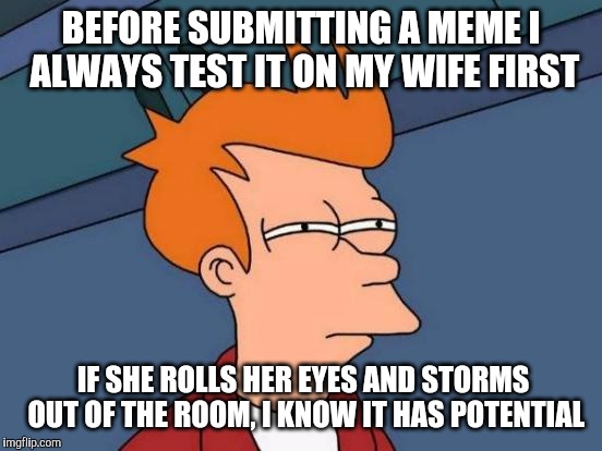 Futurama Fry | BEFORE SUBMITTING A MEME I ALWAYS TEST IT ON MY WIFE FIRST; IF SHE ROLLS HER EYES AND STORMS OUT OF THE ROOM, I KNOW IT HAS POTENTIAL | image tagged in memes,futurama fry | made w/ Imgflip meme maker