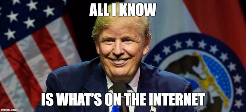 trump all i know | ALL I KNOW; IS WHAT’S ON THE INTERNET | image tagged in donald trump | made w/ Imgflip meme maker