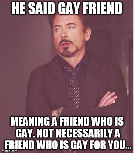 Face You Make Robert Downey Jr Meme | HE SAID GAY FRIEND MEANING A FRIEND WHO IS GAY. NOT NECESSARILY A FRIEND WHO IS GAY FOR YOU... | image tagged in memes,face you make robert downey jr | made w/ Imgflip meme maker