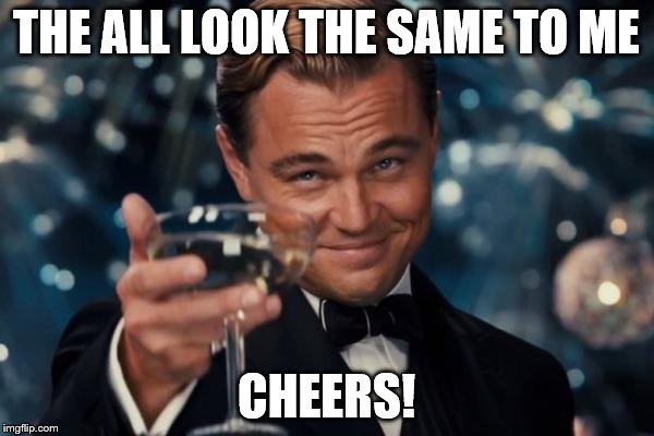 Leonardo Dicaprio Cheers Meme | THE ALL LOOK THE SAME TO ME CHEERS! | image tagged in memes,leonardo dicaprio cheers | made w/ Imgflip meme maker