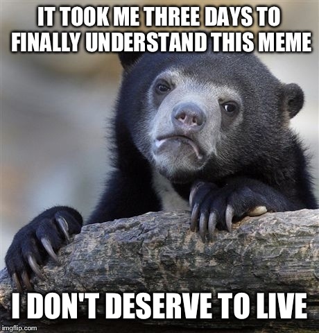 Confession Bear Meme | IT TOOK ME THREE DAYS TO FINALLY UNDERSTAND THIS MEME I DON'T DESERVE TO LIVE | image tagged in memes,confession bear | made w/ Imgflip meme maker