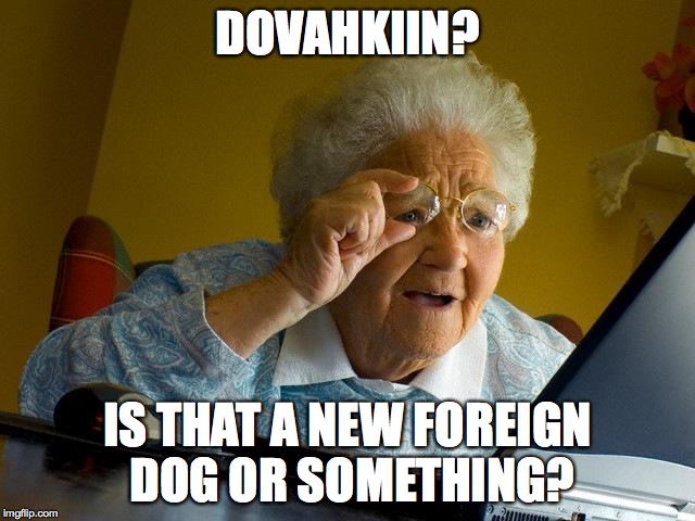 Grandma Finds The Internet Meme | DOVAHKIIN? IS THAT A NEW FOREIGN DOG OR SOMETHING? | image tagged in memes,grandma finds the internet | made w/ Imgflip meme maker
