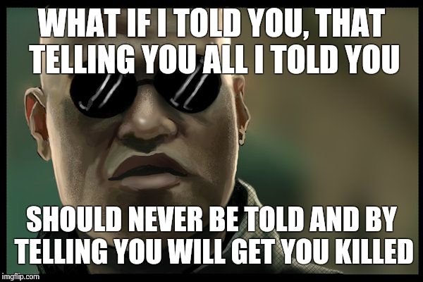 What If I Told You The End | WHAT IF I TOLD YOU, THAT TELLING YOU ALL I TOLD YOU; SHOULD NEVER BE TOLD AND BY TELLING YOU WILL GET YOU KILLED | image tagged in what if i told you,matrix morpheus,matrix,the matrix | made w/ Imgflip meme maker