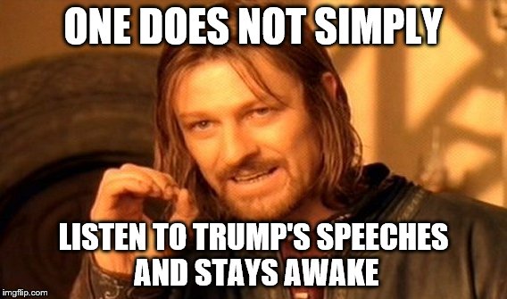 One Does Not Simply Meme | ONE DOES NOT SIMPLY; LISTEN TO TRUMP'S SPEECHES AND STAYS AWAKE | image tagged in memes,one does not simply | made w/ Imgflip meme maker