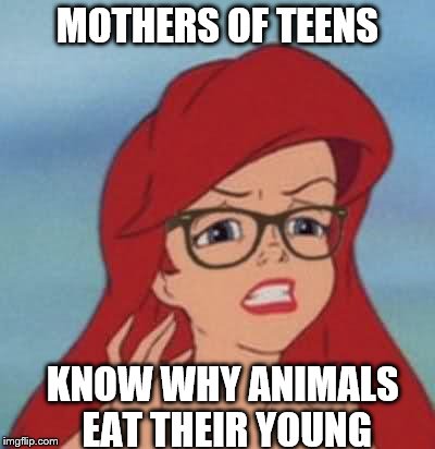 Mothers of Teens | MOTHERS OF TEENS; KNOW WHY ANIMALS EAT THEIR YOUNG | image tagged in memes,hipster ariel | made w/ Imgflip meme maker