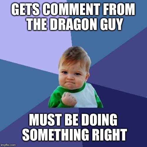 I must have done something right | GETS COMMENT FROM THE DRAGON GUY; MUST BE DOING SOMETHING RIGHT | image tagged in memes,success kid,starflightthenightwing,success | made w/ Imgflip meme maker