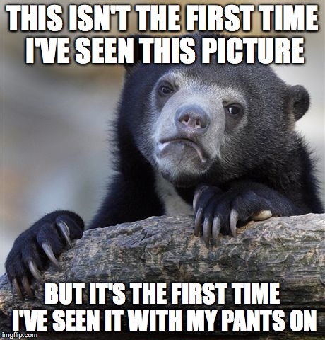 Confession Bear Meme | THIS ISN'T THE FIRST TIME I'VE SEEN THIS PICTURE BUT IT'S THE FIRST TIME I'VE SEEN IT WITH MY PANTS ON | image tagged in memes,confession bear | made w/ Imgflip meme maker