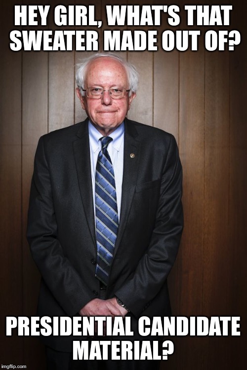 Bernie Sanders standing | HEY GIRL, WHAT'S THAT SWEATER MADE OUT OF? PRESIDENTIAL CANDIDATE MATERIAL? | image tagged in bernie sanders standing | made w/ Imgflip meme maker