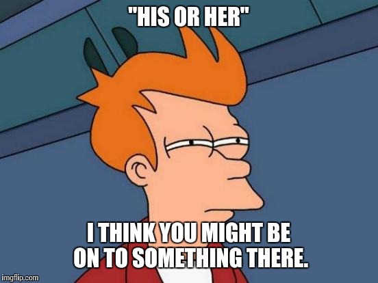 Futurama Fry Meme | "HIS OR HER" I THINK YOU MIGHT BE ON TO SOMETHING THERE. | image tagged in memes,futurama fry | made w/ Imgflip meme maker