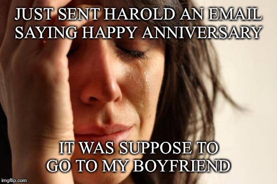 First World Problems Meme | JUST SENT HAROLD AN EMAIL SAYING HAPPY ANNIVERSARY IT WAS SUPPOSE TO GO TO MY BOYFRIEND | image tagged in memes,first world problems | made w/ Imgflip meme maker