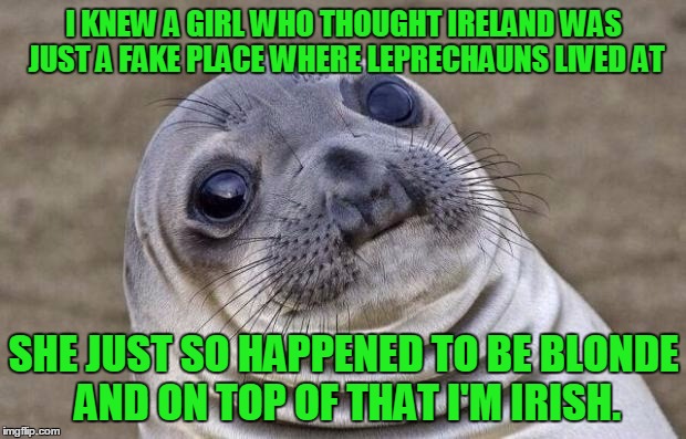 Awkward Moment Sealion | I KNEW A GIRL WHO THOUGHT IRELAND WAS JUST A FAKE PLACE WHERE LEPRECHAUNS LIVED AT; SHE JUST SO HAPPENED TO BE BLONDE AND ON TOP OF THAT I'M IRISH. | image tagged in memes,awkward moment sealion | made w/ Imgflip meme maker
