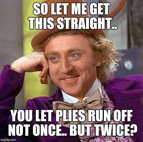 Creepy Condescending Wonka | SO LET ME GET THIS STRAIGHT.. YOU LET PLIES RUN OFF NOT ONCE.. BUT TWICE? | image tagged in memes,creepy condescending wonka | made w/ Imgflip meme maker