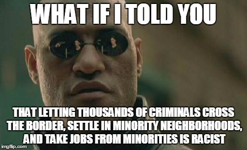 Matrix Morpheus Meme | WHAT IF I TOLD YOU; THAT LETTING THOUSANDS OF CRIMINALS CROSS THE BORDER, SETTLE IN MINORITY NEIGHBORHOODS, AND TAKE JOBS FROM MINORITIES IS RACIST | image tagged in memes,matrix morpheus,illegal immigration,racism,stupid people | made w/ Imgflip meme maker