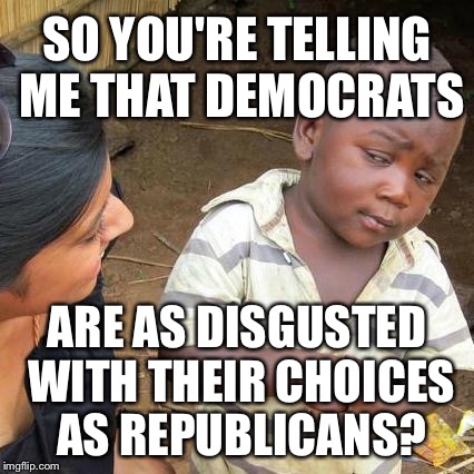 Why Do We Have To Choose From The Bottom Of The Barrel? | SO YOU'RE TELLING ME THAT DEMOCRATS; ARE AS DISGUSTED WITH THEIR CHOICES AS REPUBLICANS? | image tagged in memes,third world skeptical kid,election 2016,democrats,republicans | made w/ Imgflip meme maker