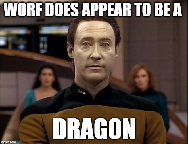 Star Trek Data | WORF DOES APPEAR TO BE A DRAGON | image tagged in star trek data | made w/ Imgflip meme maker