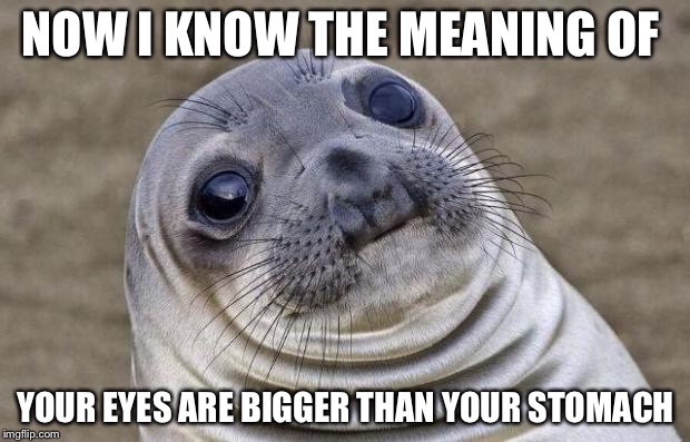 Awkward Moment Sealion Meme | NOW I KNOW THE MEANING OF; YOUR EYES ARE BIGGER THAN YOUR STOMACH | image tagged in memes,awkward moment sealion | made w/ Imgflip meme maker