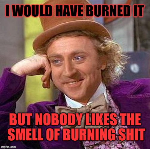Creepy Condescending Wonka Meme | I WOULD HAVE BURNED IT BUT NOBODY LIKES THE SMELL OF BURNING SHIT | image tagged in memes,creepy condescending wonka | made w/ Imgflip meme maker