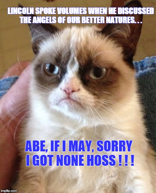 Grumpy Cat-Statesman | LINCOLN SPOKE VOLUMES WHEN HE DISCUSSED THE ANGELS OF OUR BETTER NATURES. . . ABE, IF I MAY, SORRY I GOT NONE HOSS ! ! ! | image tagged in memes,grumpy cat,animals,funny | made w/ Imgflip meme maker