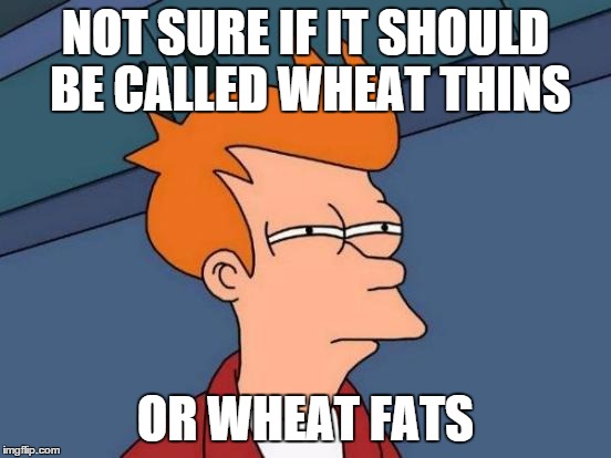 Futurama Fry Meme | NOT SURE IF IT SHOULD BE CALLED WHEAT THINS OR WHEAT FATS | image tagged in memes,futurama fry | made w/ Imgflip meme maker