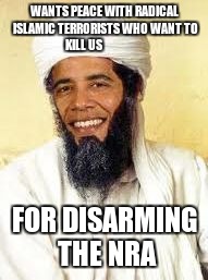 Osabama Meme | WANTS PEACE WITH RADICAL ISLAMIC TERRORISTS WHO WANT TO KILL US; FOR DISARMING THE NRA | image tagged in memes,osabama | made w/ Imgflip meme maker