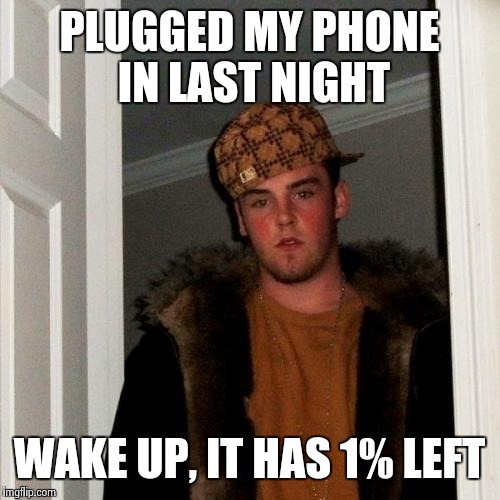 Scumbag Steve Meme | PLUGGED MY PHONE IN LAST NIGHT; WAKE UP, IT HAS 1% LEFT | image tagged in memes,scumbag steve | made w/ Imgflip meme maker