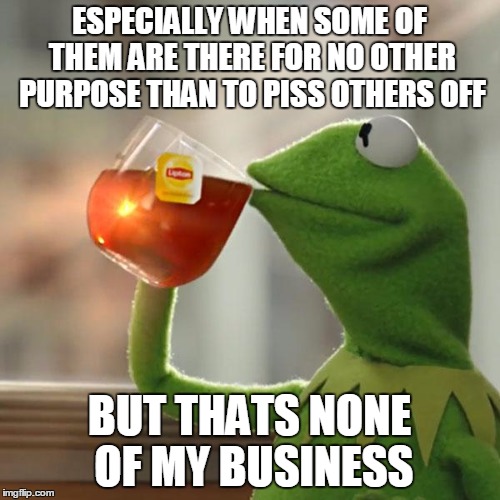 But That's None Of My Business Meme | ESPECIALLY WHEN SOME OF THEM ARE THERE FOR NO OTHER PURPOSE THAN TO PISS OTHERS OFF BUT THATS NONE OF MY BUSINESS | image tagged in memes,but thats none of my business,kermit the frog | made w/ Imgflip meme maker