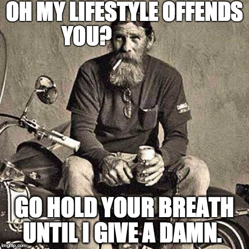 old biker | OH MY LIFESTYLE OFFENDS YOU? GO HOLD YOUR BREATH UNTIL I GIVE A DAMN. | image tagged in old biker | made w/ Imgflip meme maker