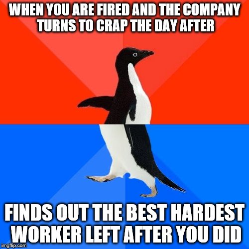 Socially awkward pinguin | WHEN YOU ARE FIRED AND THE COMPANY TURNS TO CRAP THE DAY AFTER; FINDS OUT THE BEST HARDEST WORKER LEFT AFTER YOU DID | image tagged in socially awkward pinguin | made w/ Imgflip meme maker