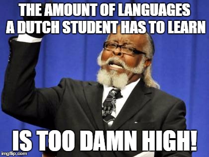Really, I think 5 (Dutch, English, German, French and Latin) is way too much! | THE AMOUNT OF LANGUAGES A DUTCH STUDENT HAS TO LEARN; IS TOO DAMN HIGH! | image tagged in memes,too damn high | made w/ Imgflip meme maker