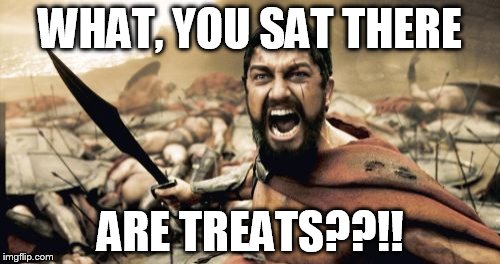 Sparta Leonidas | WHAT, YOU SAT THERE; ARE TREATS??!! | image tagged in memes,sparta leonidas | made w/ Imgflip meme maker