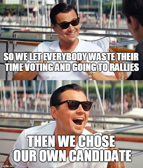 GOP doesn't care | SO WE LET EVERYBODY WASTE THEIR TIME VOTING AND GOING TO RALLIES; THEN WE CHOSE OUR OWN CANDIDATE | image tagged in memes,leonardo dicaprio wolf of wall street,trump,donald trump,gop,republicans | made w/ Imgflip meme maker