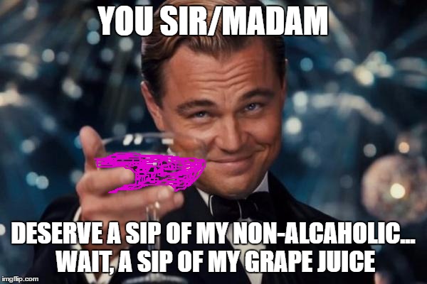 Leonardo Dicaprio Cheers Meme | YOU SIR/MADAM DESERVE A SIP OF MY NON-ALCAHOLIC... WAIT, A SIP OF MY GRAPE JUICE | image tagged in memes,leonardo dicaprio cheers | made w/ Imgflip meme maker