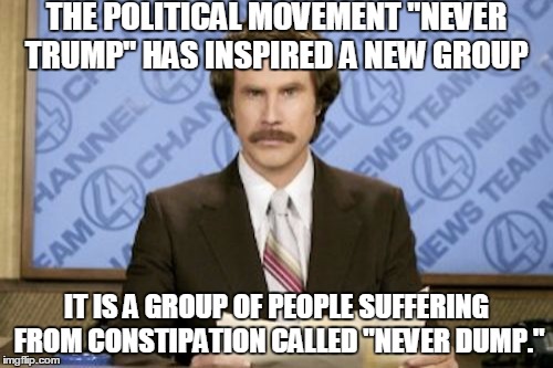 Ron Burgundy | THE POLITICAL MOVEMENT "NEVER TRUMP" HAS INSPIRED A NEW GROUP; IT IS A GROUP OF PEOPLE SUFFERING FROM CONSTIPATION CALLED "NEVER DUMP." | image tagged in memes,ron burgundy | made w/ Imgflip meme maker
