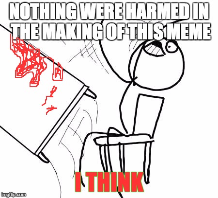 Table Flip Guy Meme | NOTHING WERE HARMED IN THE MAKING OF THIS MEME; I THINK | image tagged in memes,table flip guy | made w/ Imgflip meme maker