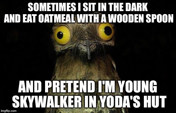 Weird Stuff I Do Potoo Meme | SOMETIMES I SIT IN THE DARK AND EAT OATMEAL WITH A WOODEN SPOON; AND PRETEND I'M YOUNG SKYWALKER IN YODA'S HUT | image tagged in memes,weird stuff i do potoo | made w/ Imgflip meme maker