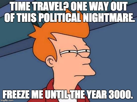 Futurama Fry | TIME TRAVEL? ONE WAY OUT OF THIS POLITICAL NIGHTMARE. FREEZE ME UNTIL THE YEAR 3000. | image tagged in memes,futurama fry | made w/ Imgflip meme maker