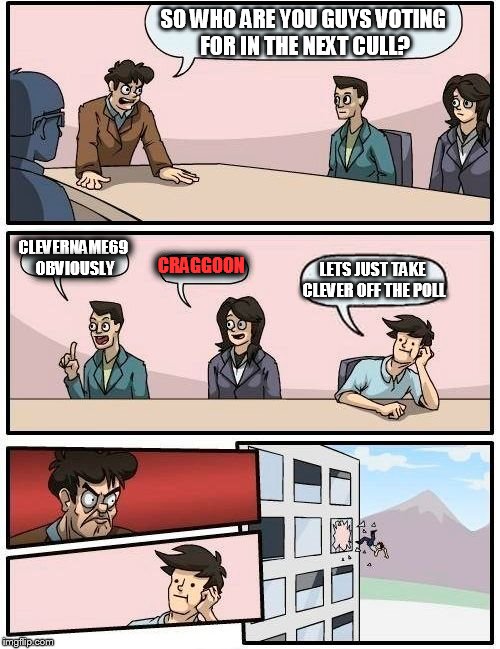 Boardroom Meeting Suggestion | SO WHO ARE YOU GUYS VOTING FOR IN THE NEXT CULL? CLEVERNAME69 OBVIOUSLY; CRAGGOON; LETS JUST TAKE CLEVER OFF THE POLL | image tagged in memes,boardroom meeting suggestion | made w/ Imgflip meme maker