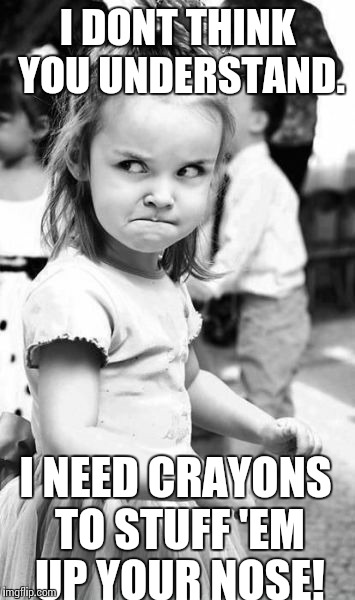 Angry Toddler | I DONT THINK YOU UNDERSTAND. I NEED CRAYONS TO STUFF 'EM UP YOUR NOSE! | image tagged in memes,angry toddler | made w/ Imgflip meme maker