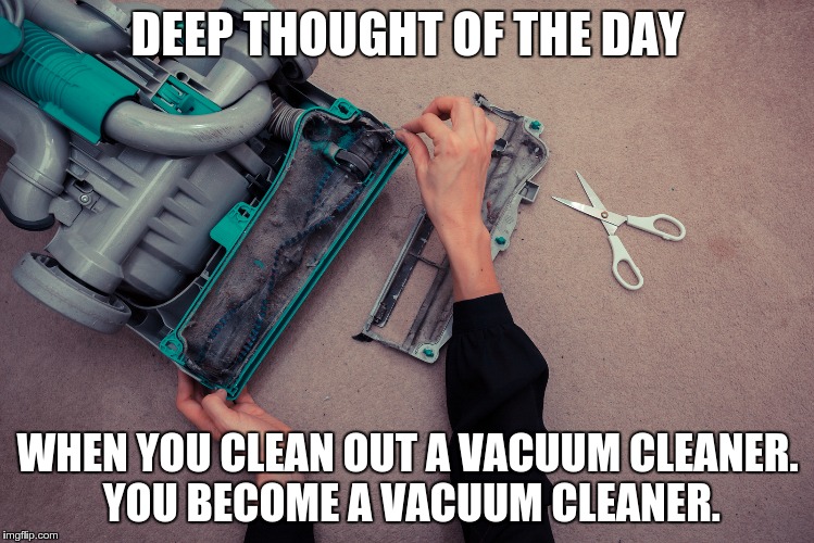 DEEP THOUGHT OF THE DAY; WHEN YOU CLEAN OUT A VACUUM CLEANER. YOU BECOME A VACUUM CLEANER. | image tagged in vacuum_repair | made w/ Imgflip meme maker