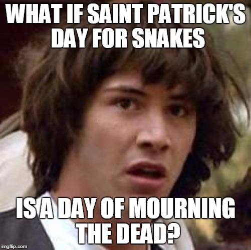 Happy Saint Patrick's day, here's something to think about | WHAT IF SAINT PATRICK'S DAY FOR SNAKES; IS A DAY OF MOURNING THE DEAD? | image tagged in memes,conspiracy keanu,snakes,holidays | made w/ Imgflip meme maker