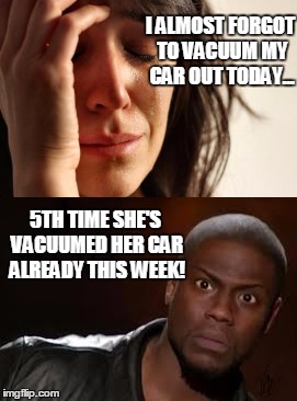 OCD neighborhood sanity | I ALMOST FORGOT TO VACUUM MY CAR OUT TODAY... 5TH TIME SHE'S VACUUMED HER CAR ALREADY THIS WEEK! | image tagged in vacuum cleaner,first world metal problems | made w/ Imgflip meme maker