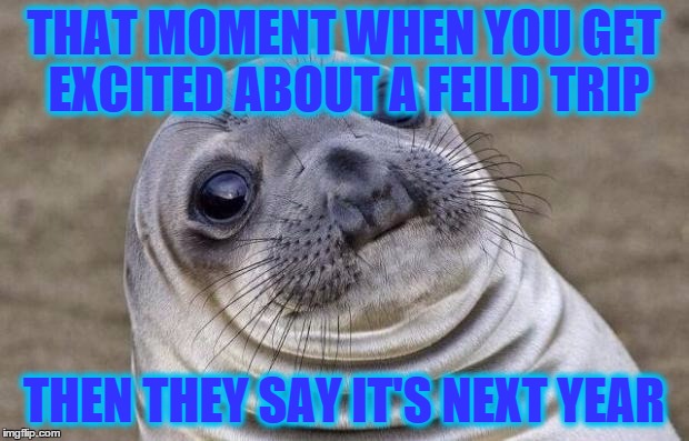 Awkward Moment Sealion | THAT MOMENT WHEN YOU GET EXCITED ABOUT A FEILD TRIP; THEN THEY SAY IT'S NEXT YEAR | image tagged in memes,awkward moment sealion | made w/ Imgflip meme maker