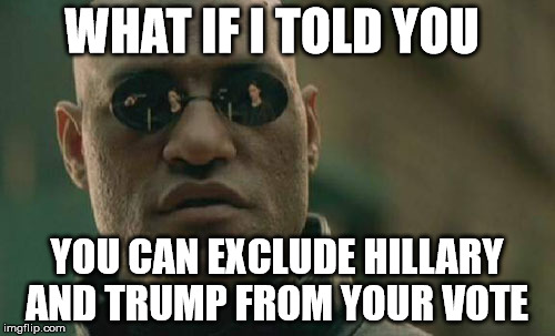 Matrix Morpheus Meme | WHAT IF I TOLD YOU YOU CAN EXCLUDE HILLARY AND TRUMP FROM YOUR VOTE | image tagged in memes,matrix morpheus | made w/ Imgflip meme maker