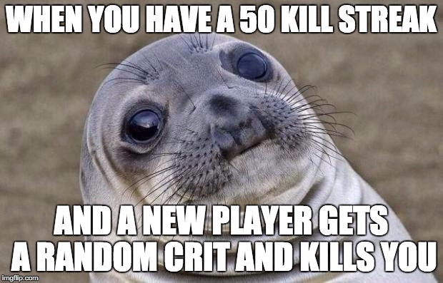 Awkward Moment Sealion | WHEN YOU HAVE A 50 KILL STREAK; AND A NEW PLAYER GETS A RANDOM CRIT AND KILLS YOU | image tagged in memes,awkward moment sealion | made w/ Imgflip meme maker