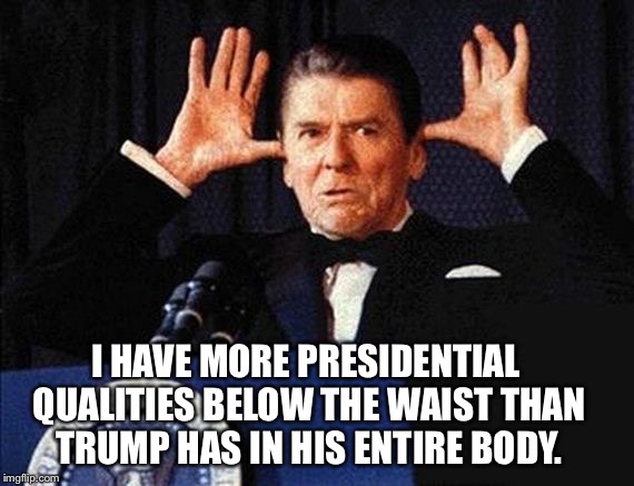 Ronald Regan | I HAVE MORE PRESIDENTIAL QUALITIES BELOW THE WAIST THAN TRUMP HAS IN HIS ENTIRE BODY. | image tagged in ronald regan | made w/ Imgflip meme maker