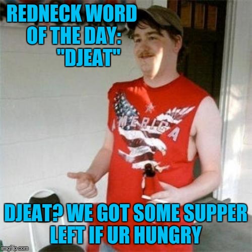 True story. I'm an Okie, and i 'sure ya'll this here's a real word;) | REDNECK WORD OF THE DAY:        
"DJEAT"; DJEAT? WE GOT SOME SUPPER LEFT IF UR HUNGRY | image tagged in memes,redneck randal,words | made w/ Imgflip meme maker