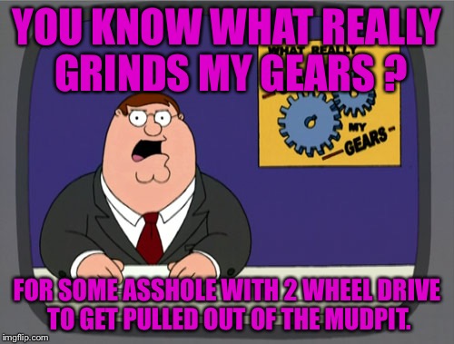 Peter Griffin News | YOU KNOW WHAT REALLY GRINDS MY GEARS ? FOR SOME ASSHOLE WITH 2 WHEEL DRIVE TO GET PULLED OUT OF THE MUDPIT. | image tagged in memes,peter griffin news | made w/ Imgflip meme maker
